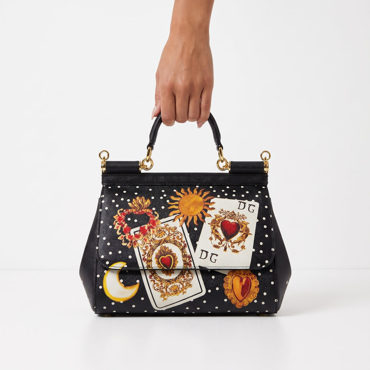 Dolce&Gabbana black Sicily top-handle bag with polka dot and tarot card print, gold hardware