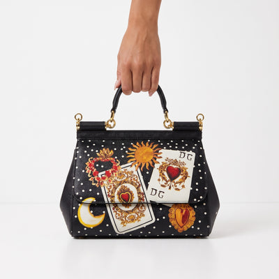 Dolce&Gabbana black Sicily top-handle bag with polka dot and tarot card print, gold hardware