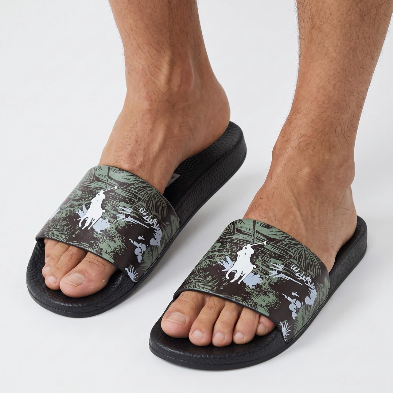 Polo Ralph Lauren tropical print black slide sandals with Polo pony logo on strap