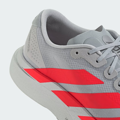 silver adidas adizero running shoe with solar red three stripes