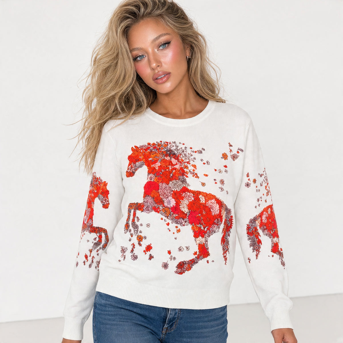 Hermès white crewneck sweater with red floral horse print