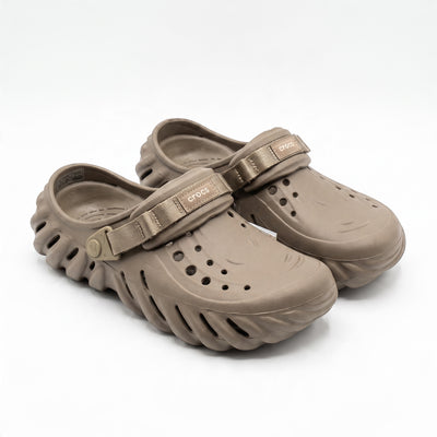 Pair of taupe Crocs Echo Clog with adjustable strap and vented upper