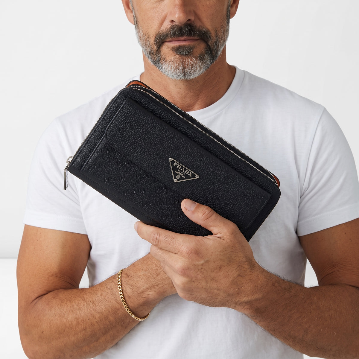 Black Prada zip pouch with triangle logo and wrist strap