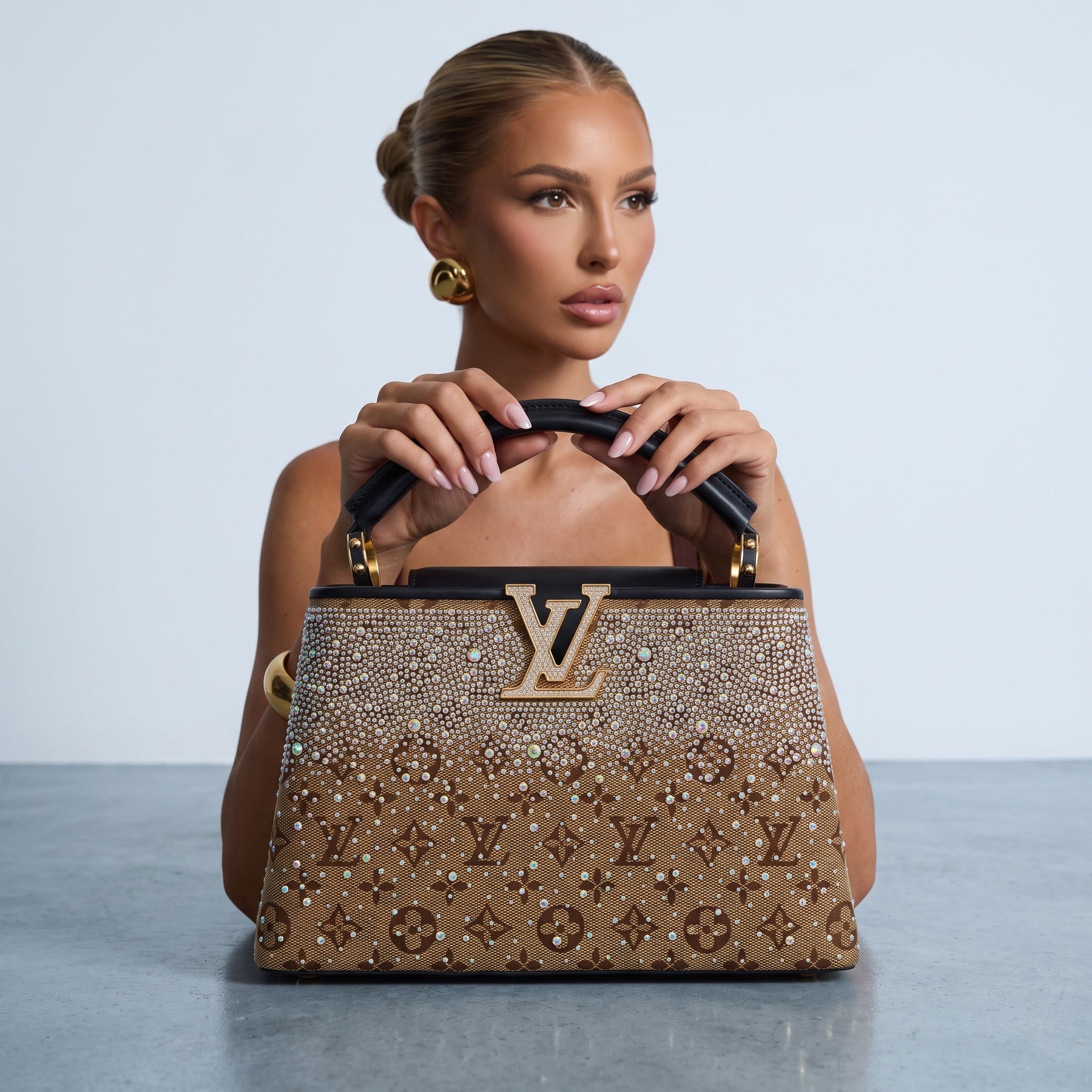 Louis Vuitton brown monogram top-handle bag covered in crystals with gold LV plaque