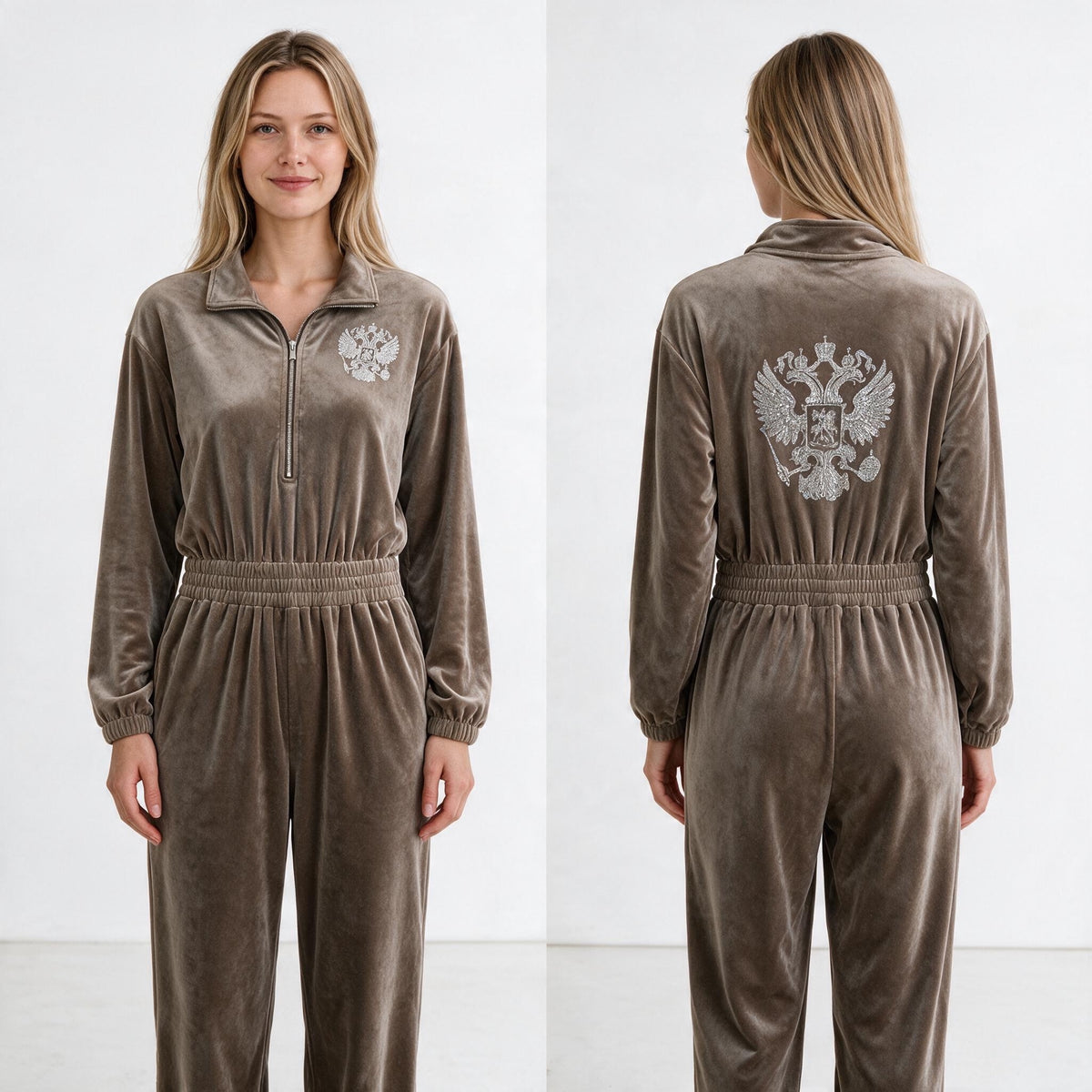 taupe velour jumpsuit with half zip collar, elastic waist, wide legs and embellished crest on chest and back