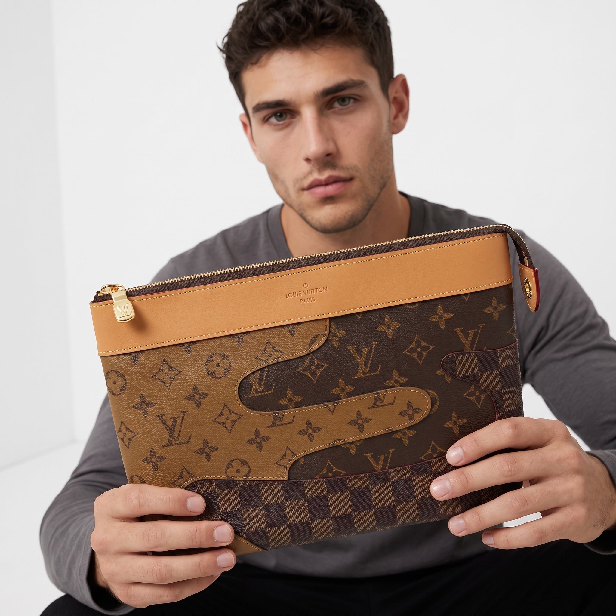 Louis Vuitton monogram and Damier check pouch with tan trim and gold zipper