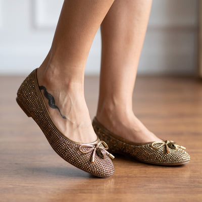 metallic gold crystal embellished ballet flats with bow