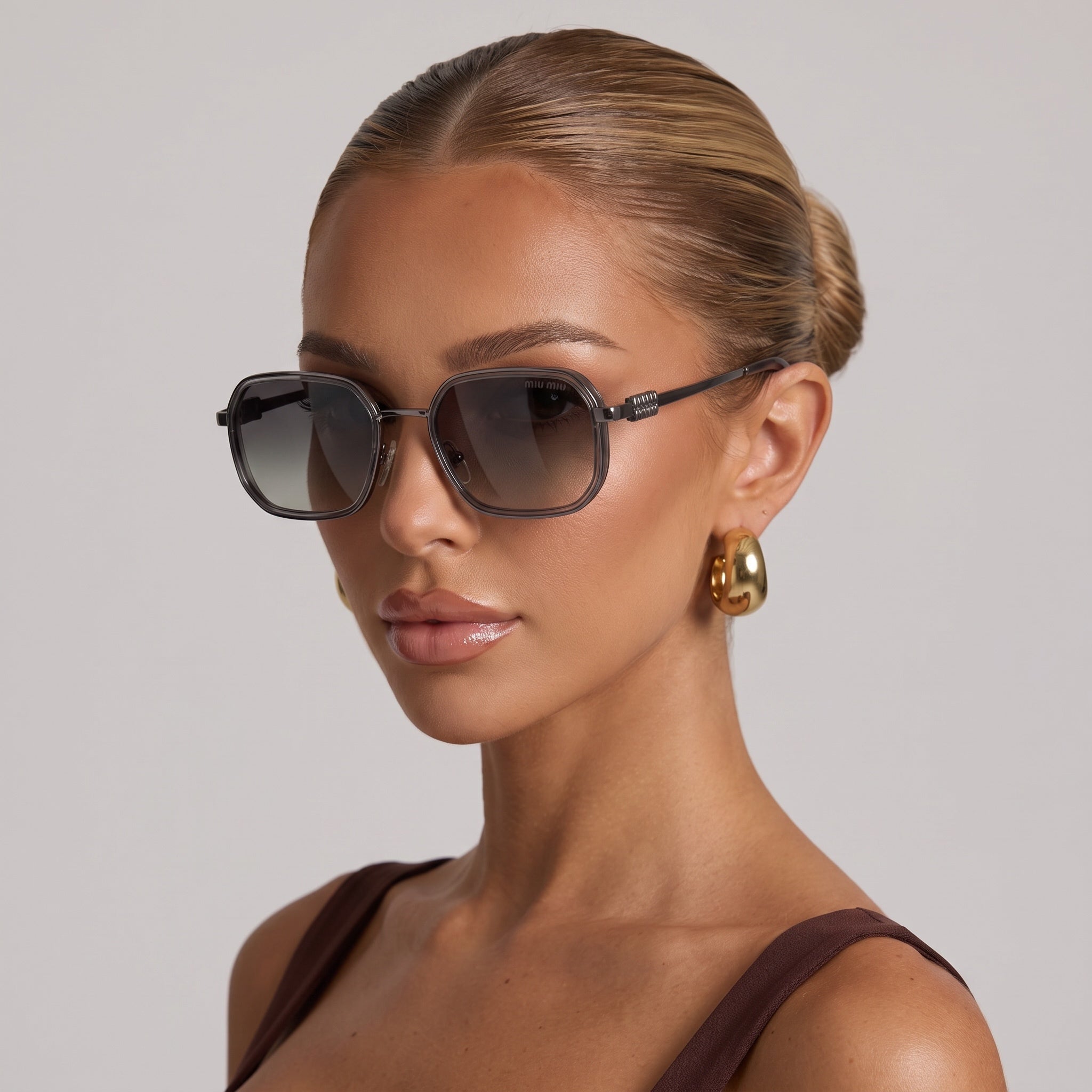 Miu Miu grey square sunglasses with gradient lenses on model
