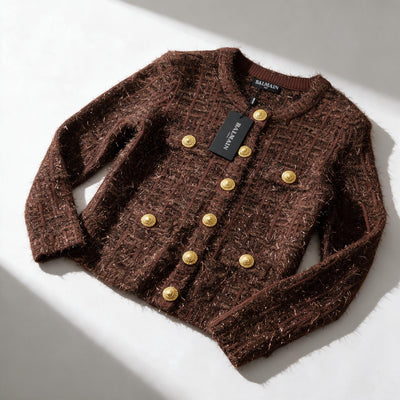 Balmain brown cropped textured jacket with gold buttons