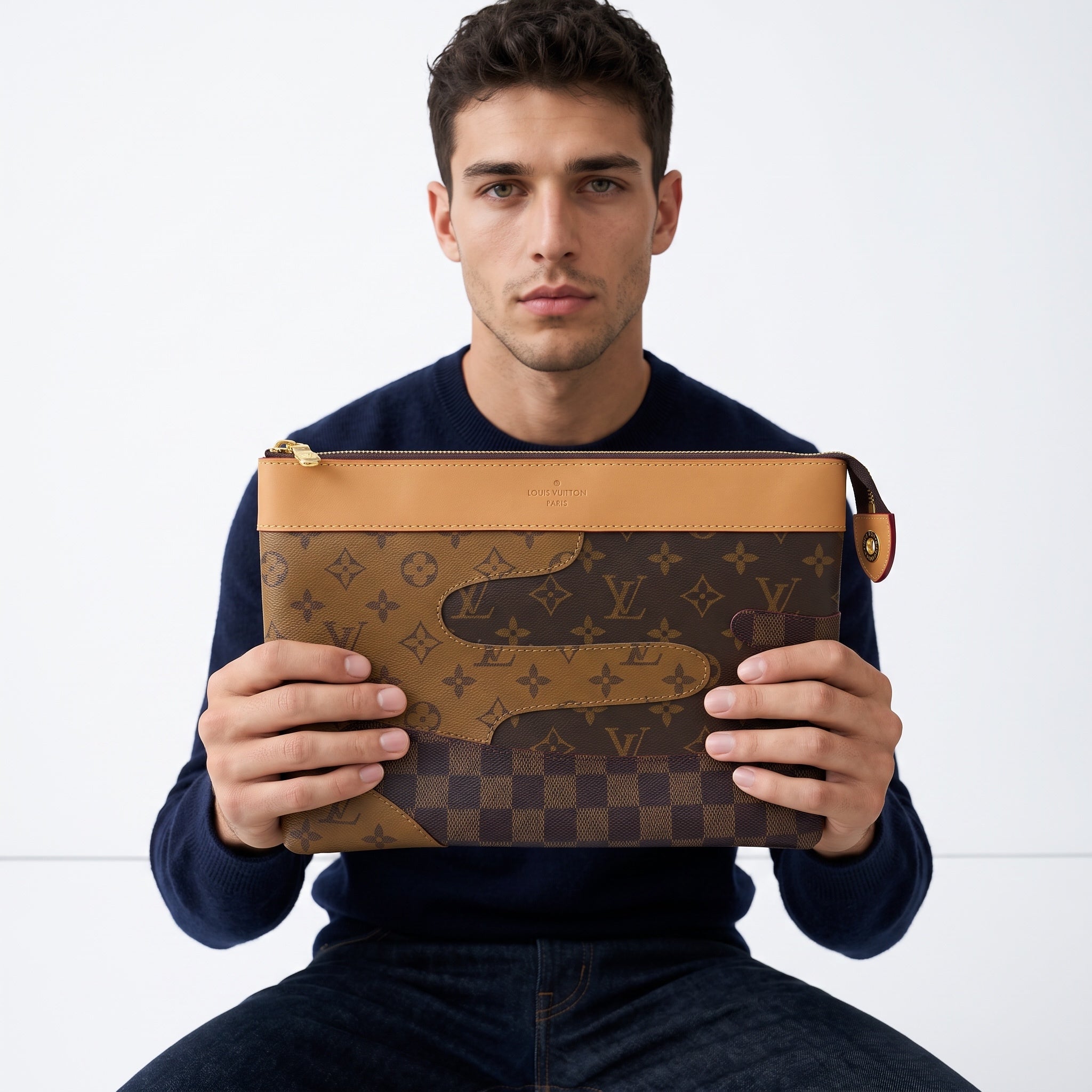 Louis Vuitton monogram and Damier check pouch with tan trim and gold zipper