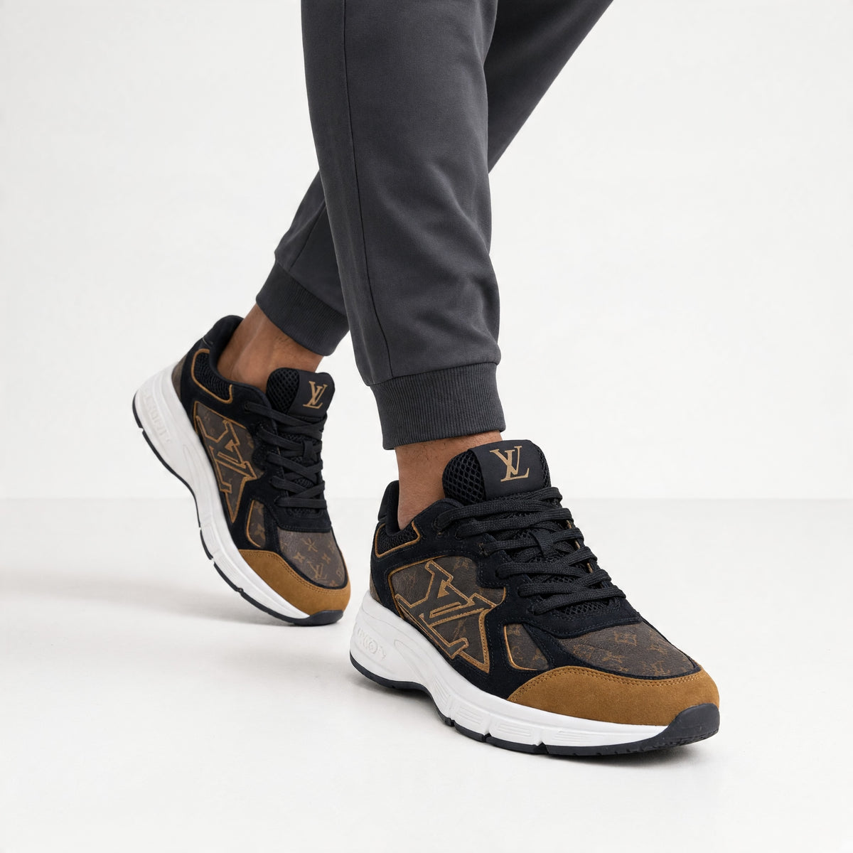 Louis Vuitton brown monogram low-top sneaker with black mesh and white sole