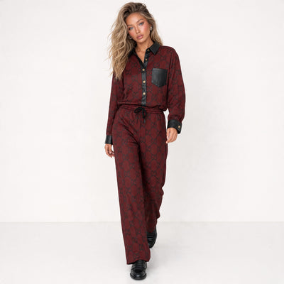 Gucci burgundy GG printed shirt with black trim and matching drawstring trousers set