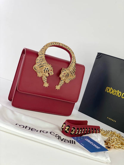 Roberto Cavalli Designer Handbag with Gold Tiger Handle