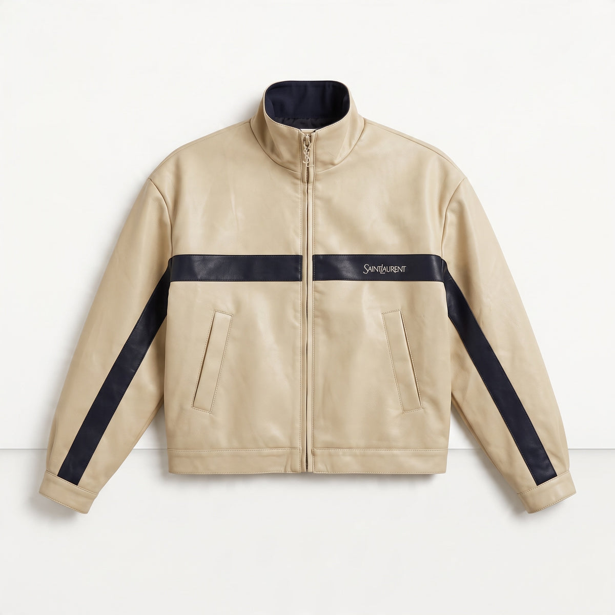 Saint Laurent Leather Jacket – Beige Navy 🧥