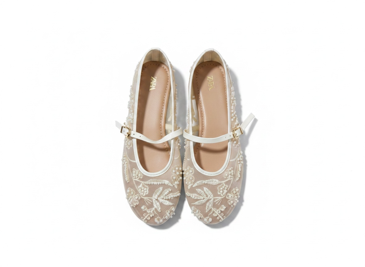 Zara Pearl Embroidered Mesh Mary Jane Flats ✨🤍
