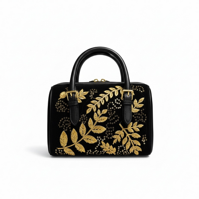 Tory Burch Black Embroidered Top-Handle Bag with Gold Leaf Motif ✨🖤