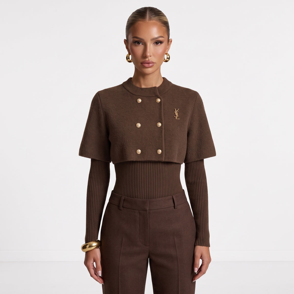 Saint Laurent brown cropped capelet sweater with gold buttons and YSL logo
