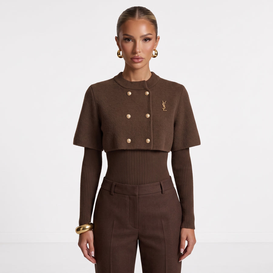 Saint Laurent Cropped Capelet Sweater — Brown