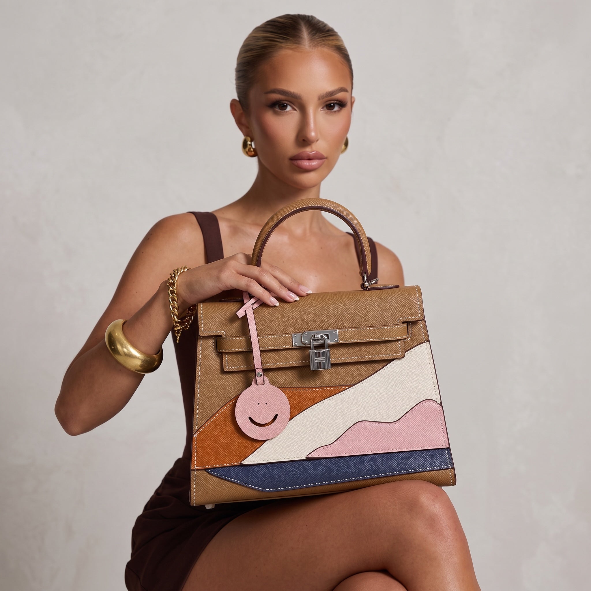 Hermès Kelly top-handle bag in tan with pink, cream and navy patchwork and charm details