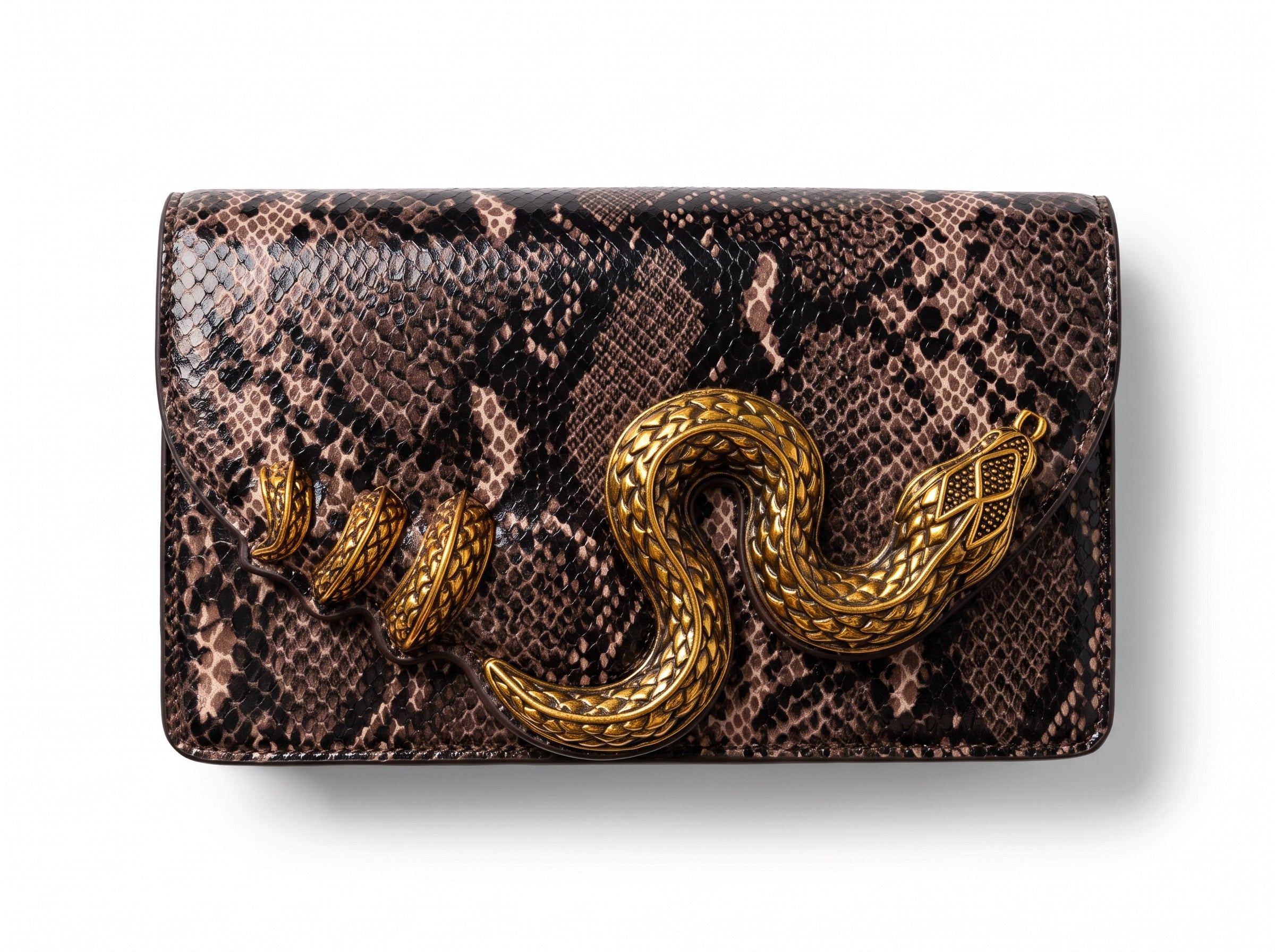 Brown python-print clutch with gold snake hardware clutch bag