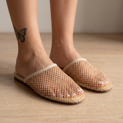 ✨ Alaïa Mesh Mule Flats – Beige Gold