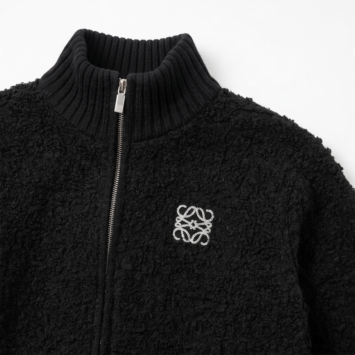 black sherpa zip jacket with ribbed collar and embroidered Loewe logo