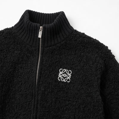 black sherpa zip jacket with ribbed collar and embroidered Loewe logo
