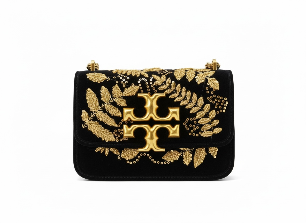 Tory Burch Embroidered Velvet Shoulder Bag – Black & Gold ✨🖤