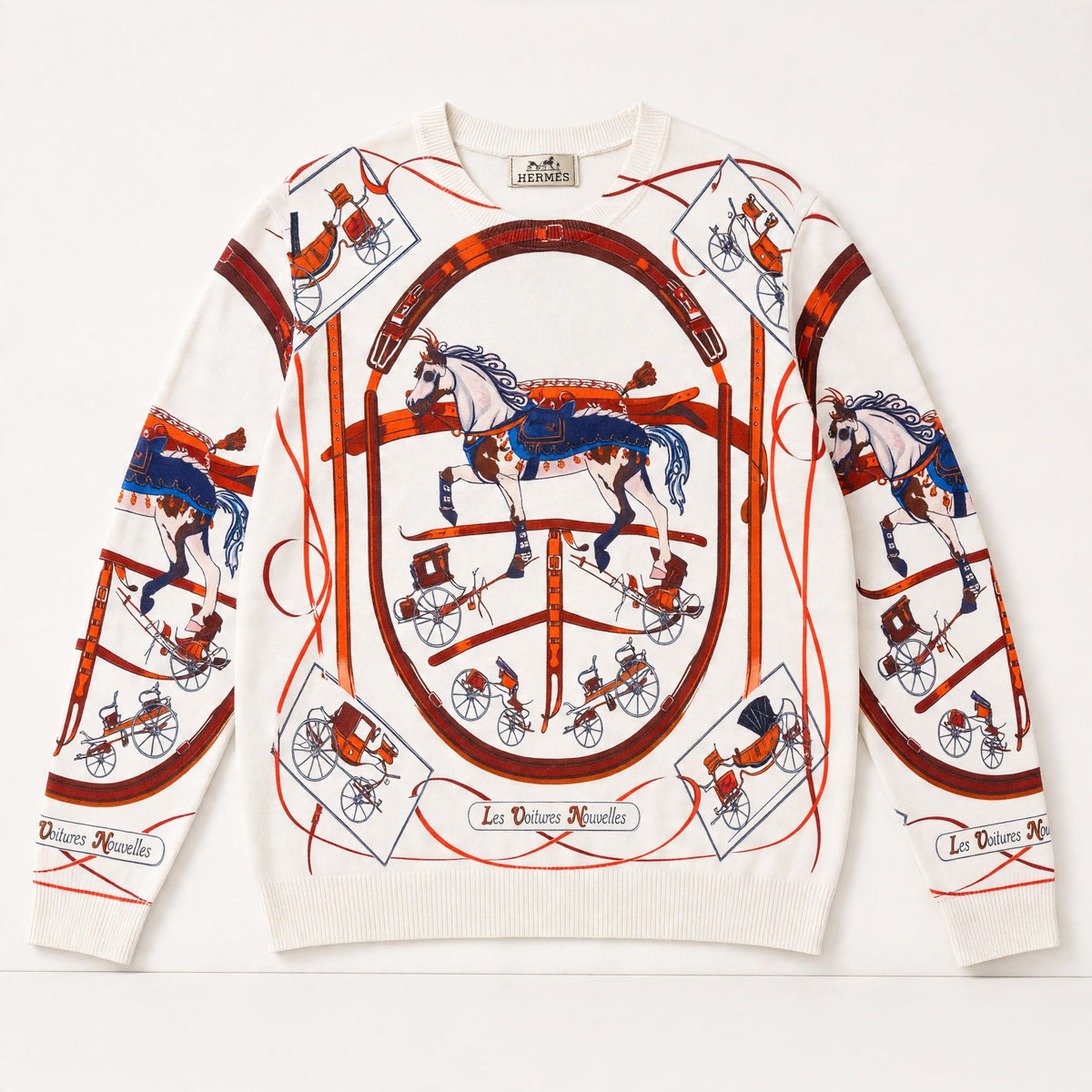 Hermès ecru crewneck sweater with red and navy carousel horse and carriage print