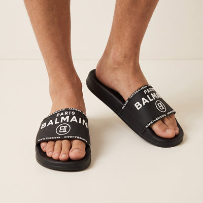 black Balmain logo slide sandals