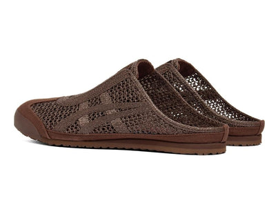 Onitsuka Tiger brown open-knit slip-on mule shoe shown from multiple angles