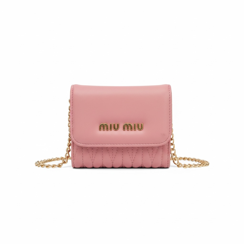 Miu Miu Mini Chain Wallet – Pink Matelassé Leather 💗✨
