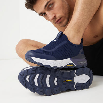 navy skechers slip-on sneaker with knit upper and Goodyear outsole