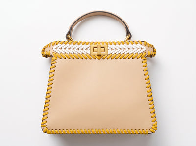 Beige white and yellow woven Fendi top-handle bag with gold turn-lock