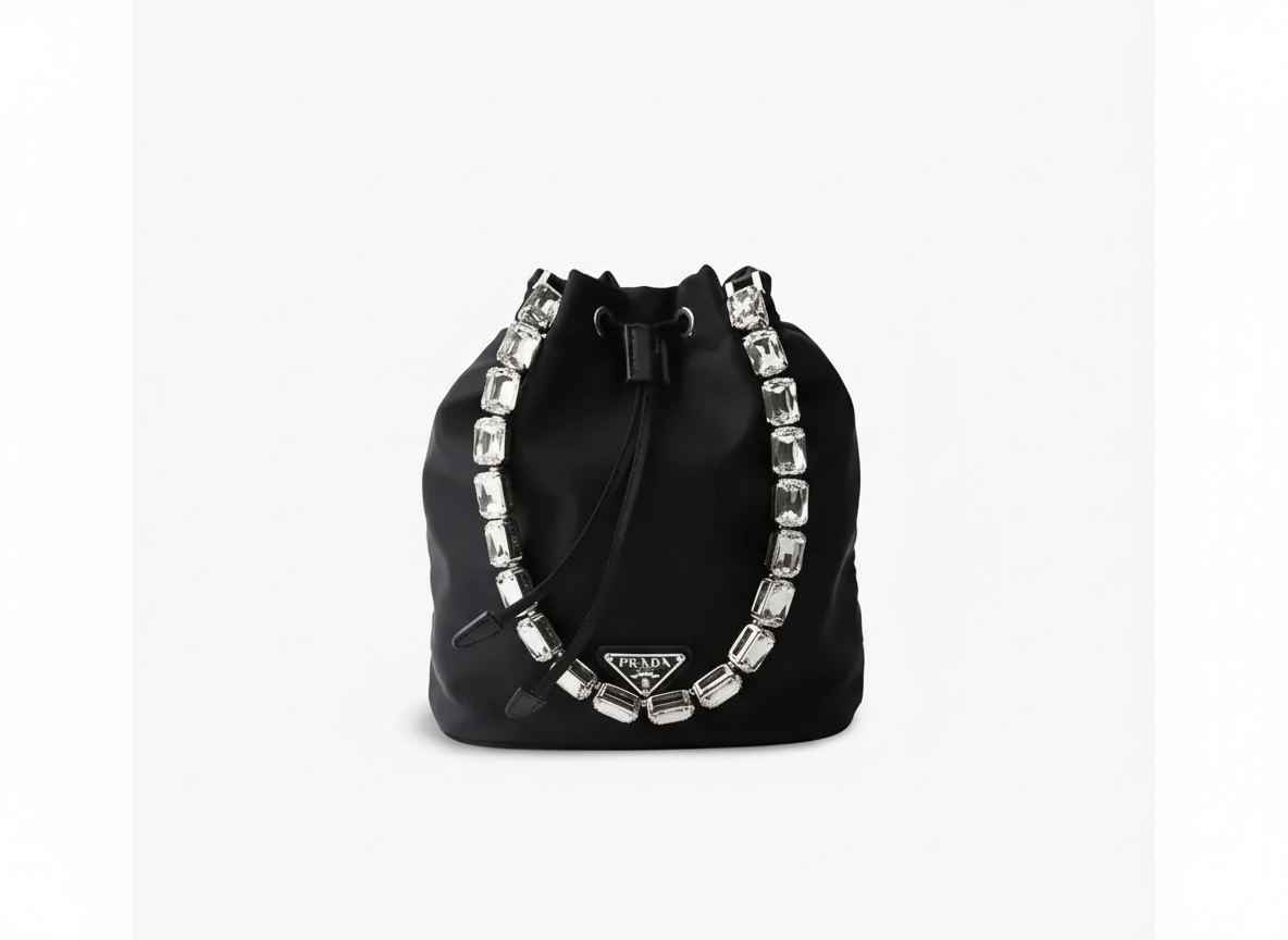 PRADA Crystal Handle Bucket Bag – Black Luxury Edition 🖤💎