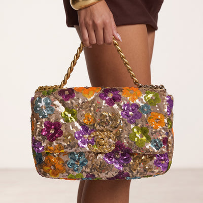 Chanel multicolor sequin flap bag with gold chain and double C turnlock