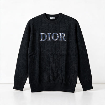 Black Dior crewneck sweater with tonal monogram and large chest logo