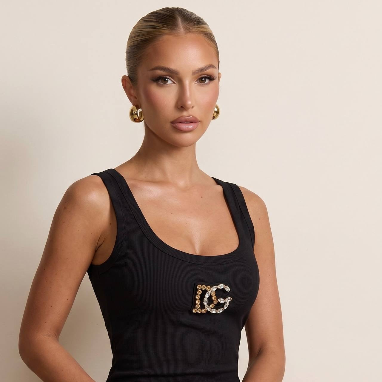 Dolce & Gabbana DG Embellished Ribbed Tank Top – Black 🖤✨
