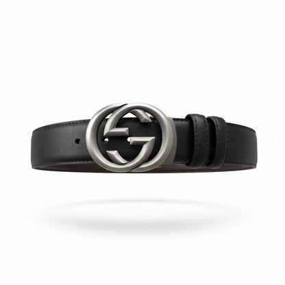 Gucci Interlocking GG Leather Belt 125cm – Matte Silver Signature Buckle ✨