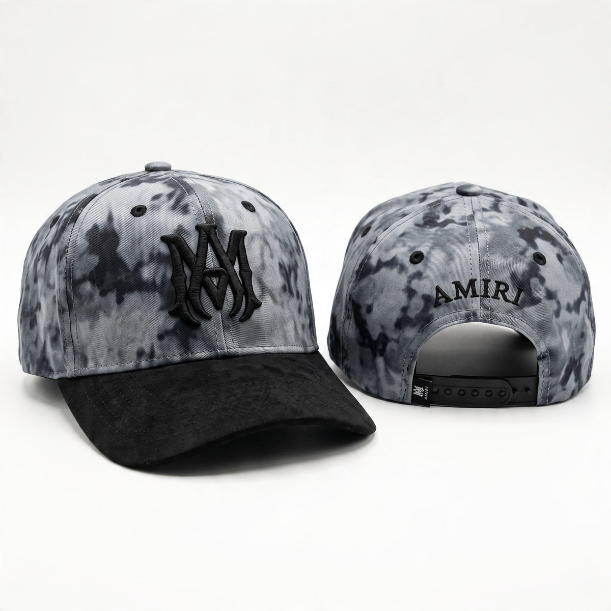 AMIRI tie-dye grey and black baseball cap with embroidered logo and black brim, shown front and back