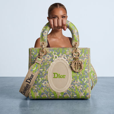 Green floral embroidered Dior Lady Dior tote with gold charms and Christian Dior strap