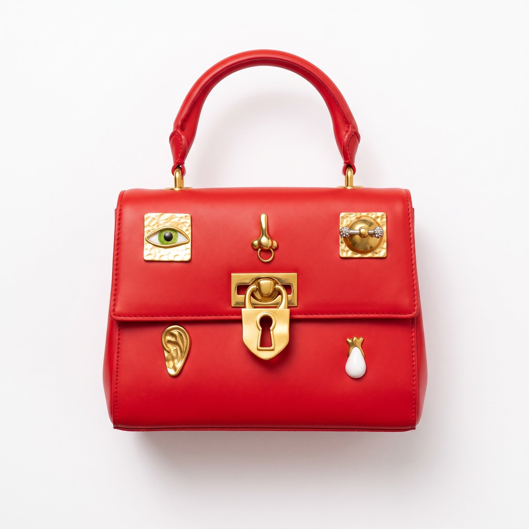 Red top-handle bag with gold-tone decorative charms and keyhole lock