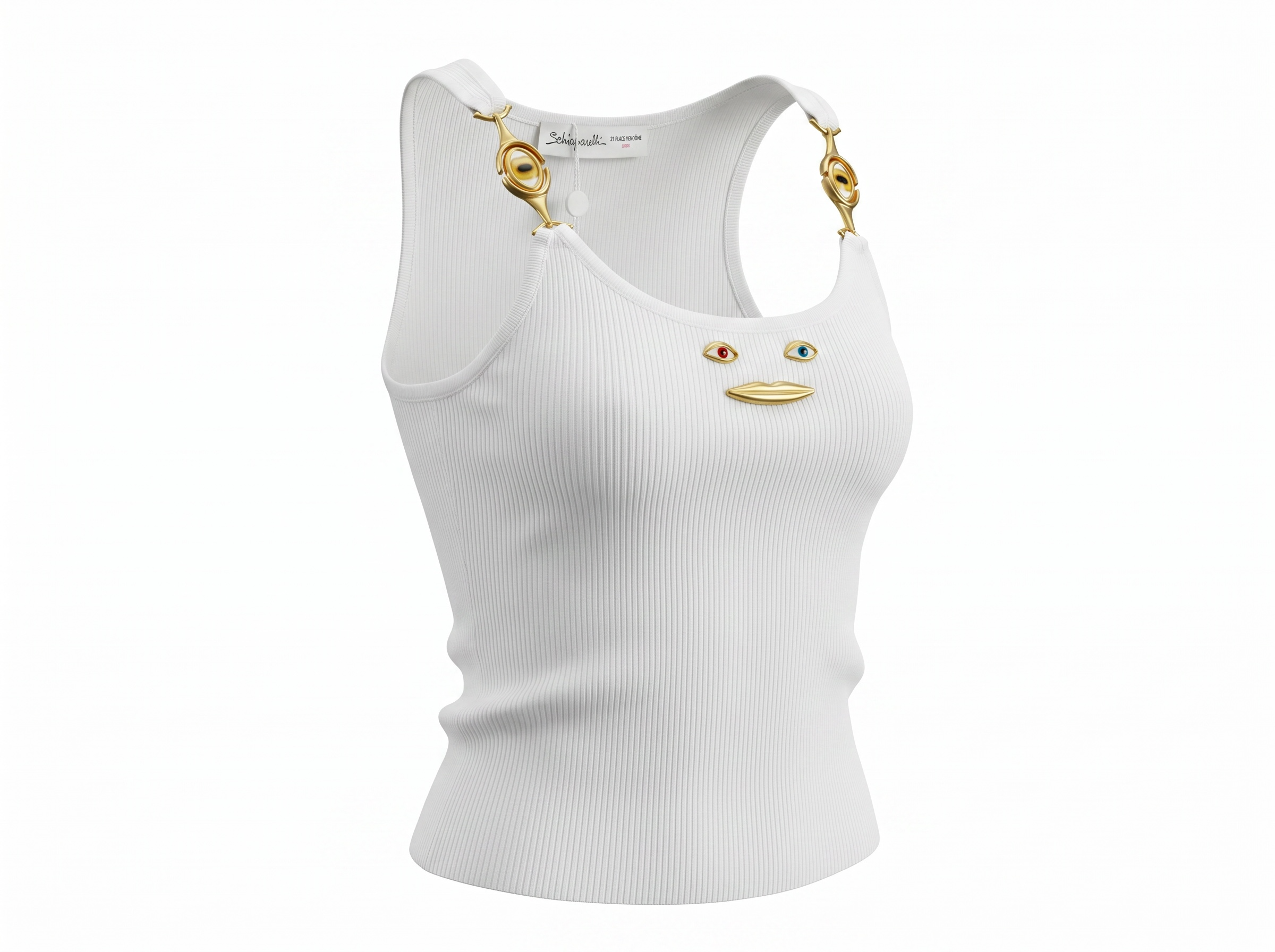 🤍 Schiaparelli Trompe L’Œil Face Ribbed Knit Tank Top – White one size