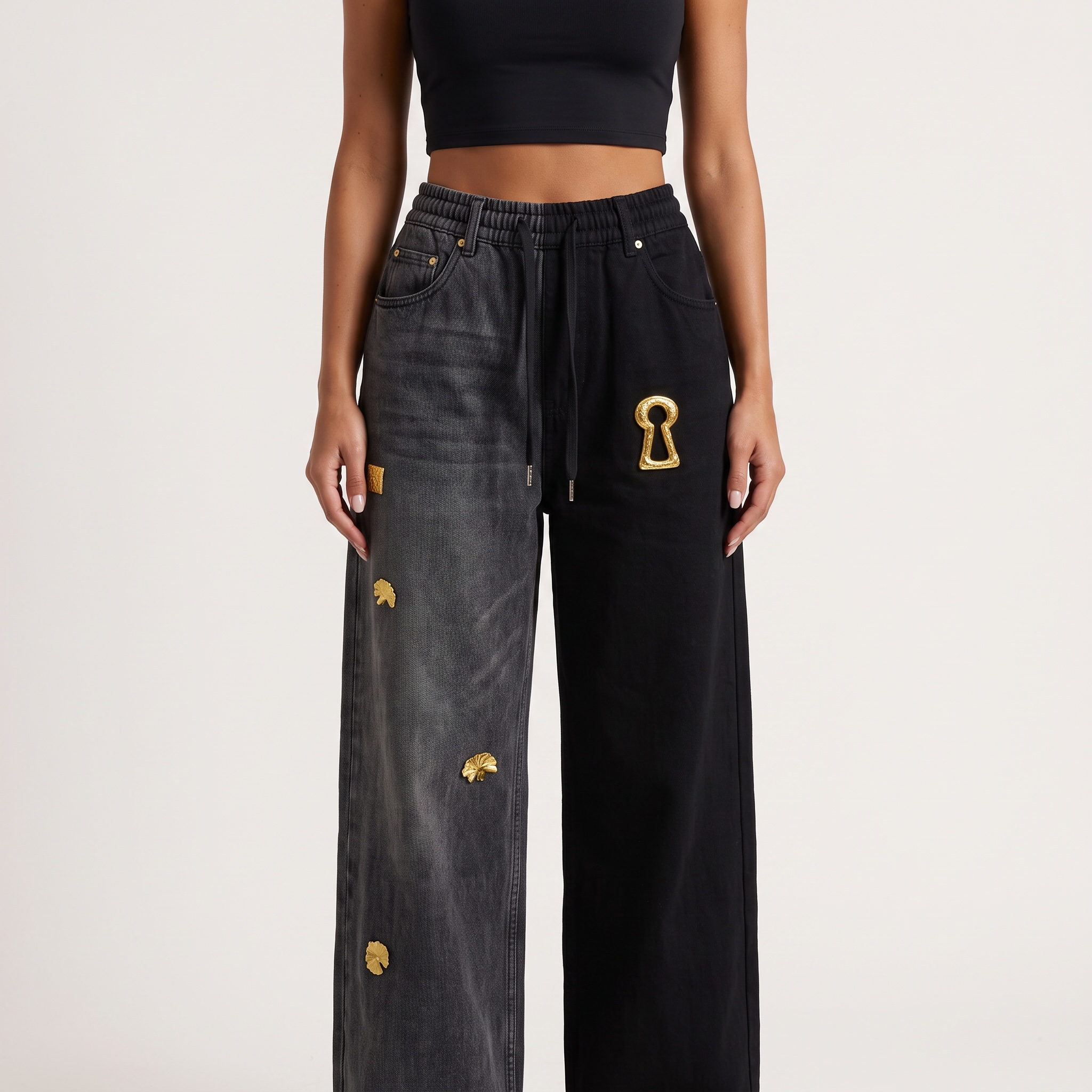 Schiaparelli Keyhole Embellished Two-Tone Wide-Leg Jeans 🔑✨