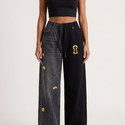Schiaparelli Keyhole Embellished Two-Tone Wide-Leg Jeans 🔑✨