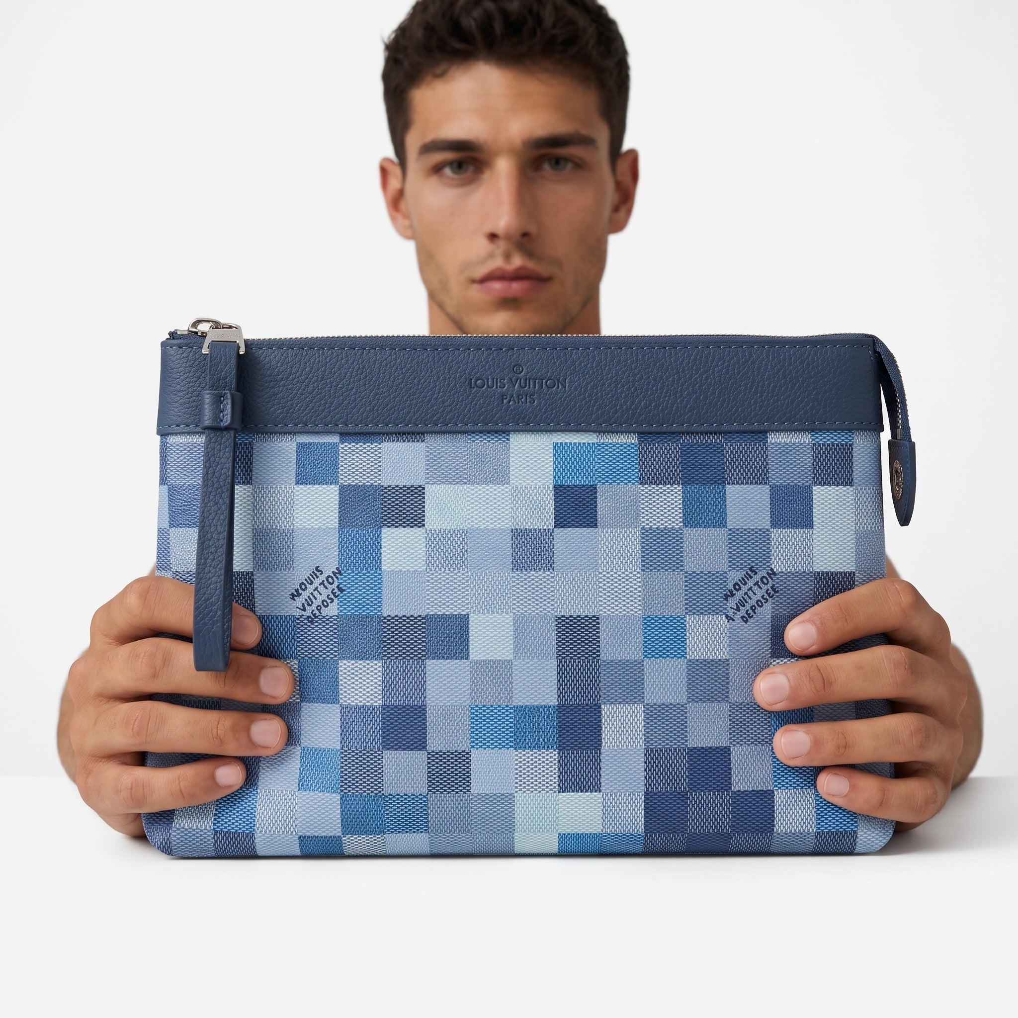 Blue Louis Vuitton Damier check pochette with wrist strap and top band