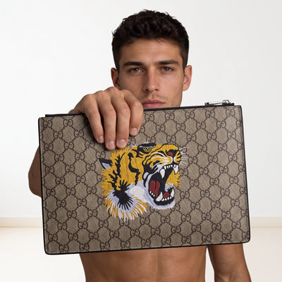 Gucci beige GG monogram pouch with embroidered tiger and top zipper