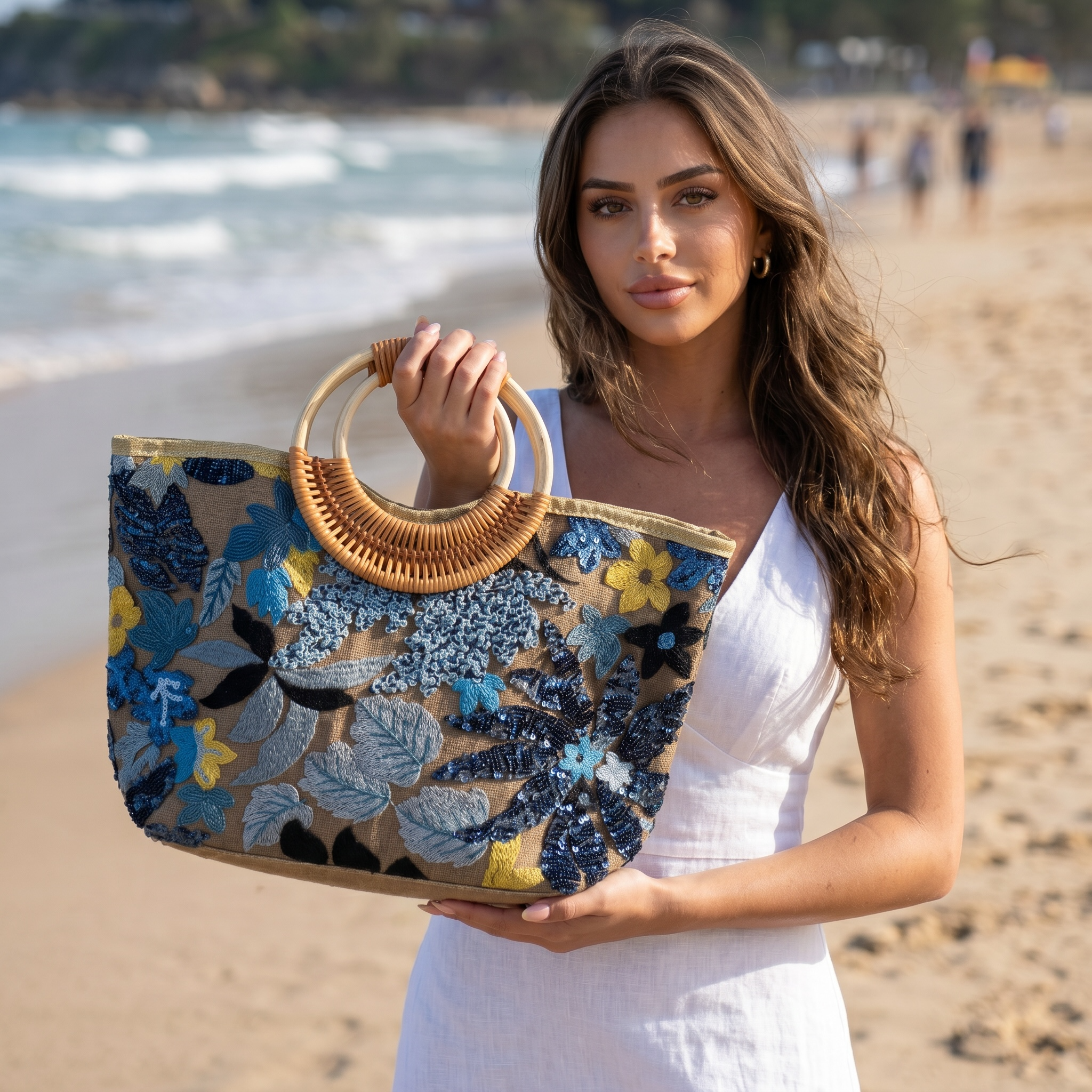 💙 Blue Floral Sequin Beach Tote Bag | Elegant Summer Resort Handbag 🌊✨