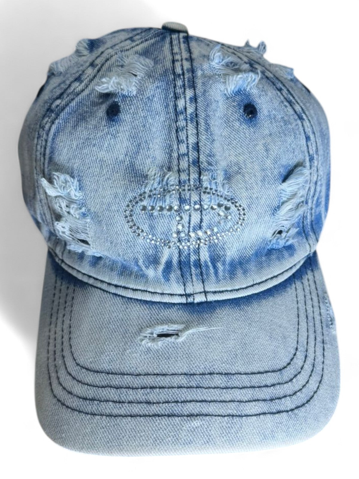 Distressed Denim Cap with Rhinestone Crown