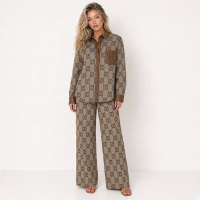 Gucci brown monogram button shirt and matching wide-leg pants set